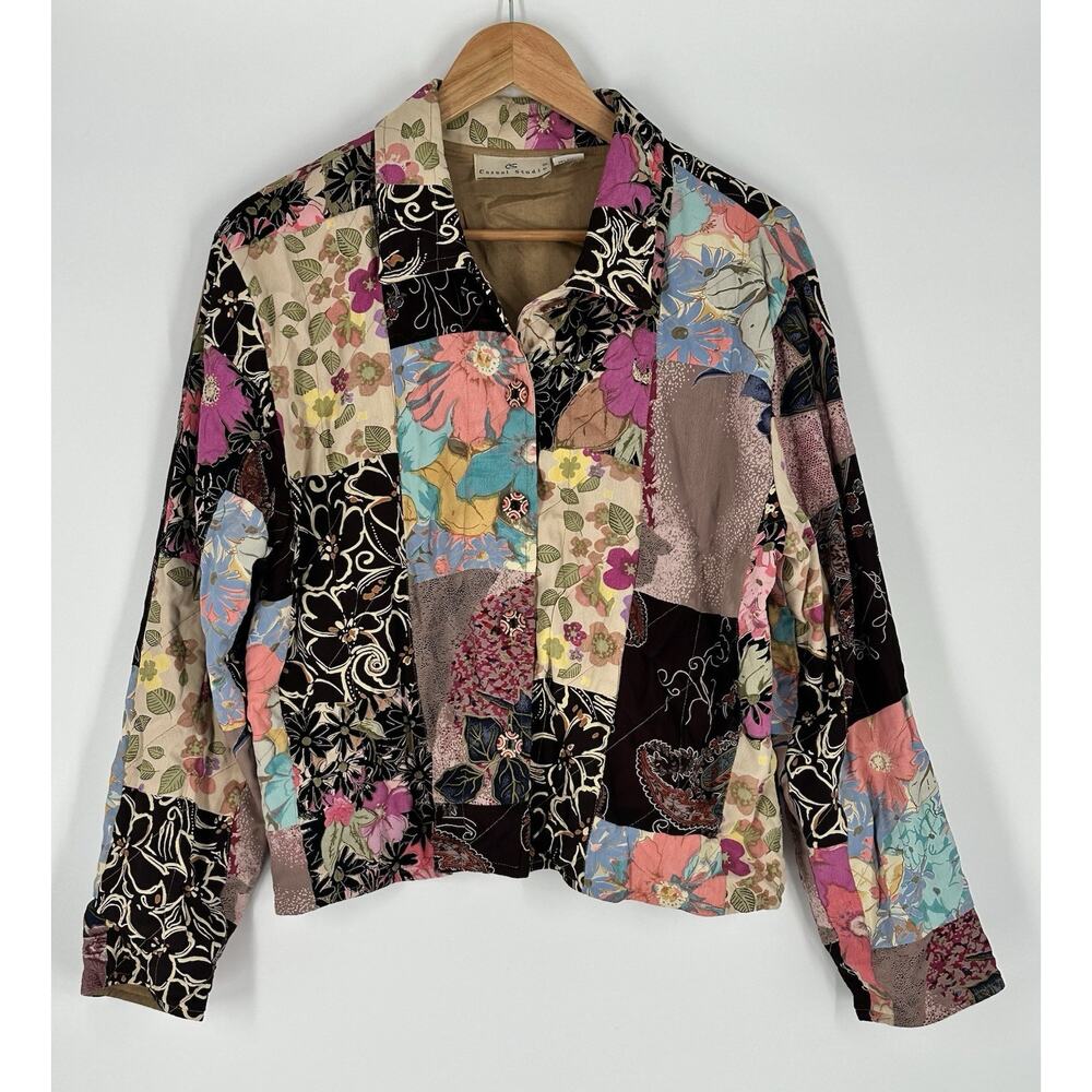 Vtg Casual Studio Jacket Quilted Patchwork Floral Pastel Cottagecore Medium Boho